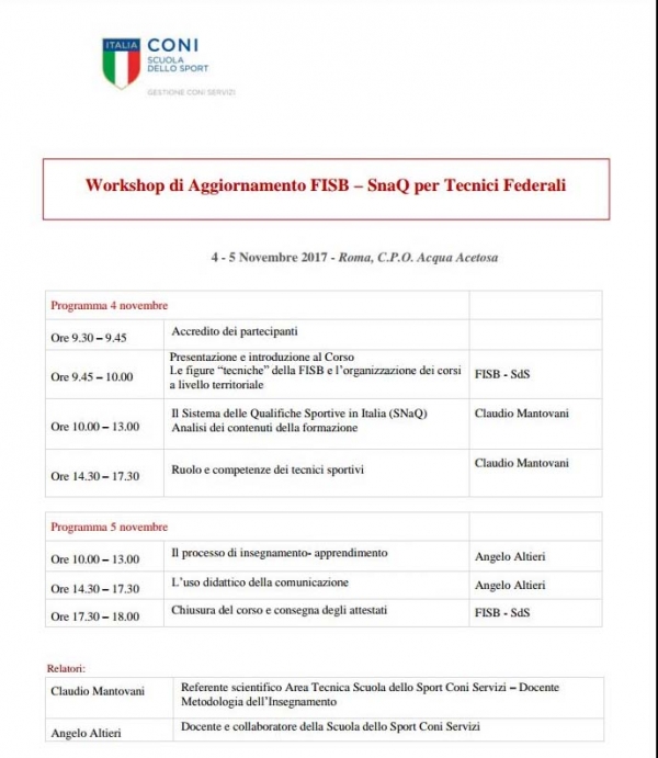 Workshop di aggiornamento FISB - SnaQ per Tecnici Federali - Programma